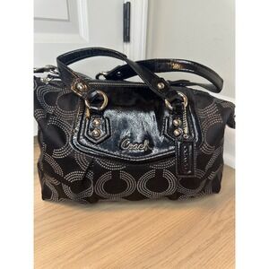 Coach Black Op Art Dotted C Jacquard Patent Leather Satchel Handbag